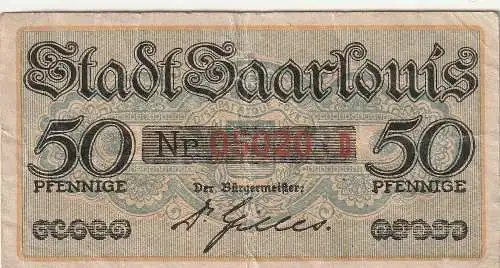 [Ansichtskarte] 6630 SAARLOUIS, NOTGELD, 1.12.1918, 50 Pfennige, Erhaltung III. 