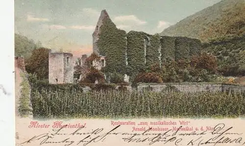 [Ansichtskarte] 5487 DERNAU - MARIENTHAL, Kloster, Restauration "zum musikalischen Wirt", 1905, Bahnpost Remagen - Adenau. 