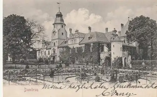 OBER - SCHLESIEN, DAMBRAU / DAMBROWA, Schloß Dambrau 1906, AK an die Gräfin Kleist, Druckstelle