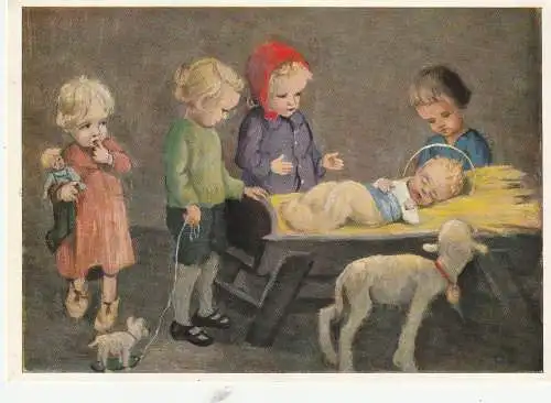 [Ansichtskarte] KRIPPE / CRIP / CULLA - Kinder an der Krippe, Künstler-Karte Schönermark. 