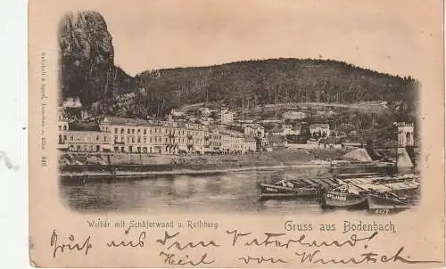 [Ansichtskarte] BÖHMEN & MÄHREN / TETSCHEN - BODENBACH / DECIN - PODMOKLY, Gruß aus 1898, Frachtschiffe, AK nach London. 