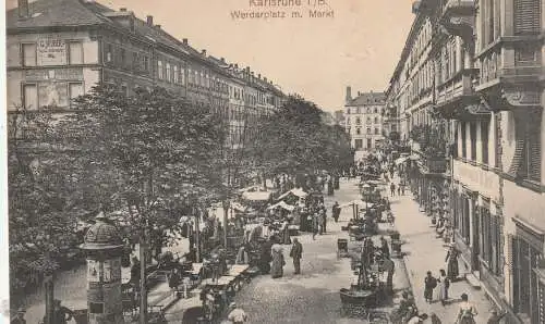 7500 KARLSRUHE, Werderplatz mit Wochenmarkt, Litfaßsäule, 1911