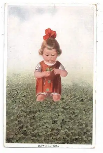 [Ansichtskarte] KINDER / CHILDREN, "Die Welt voller Glück" Mädchen beim Kleeblattpflücken, Künstler-Karte Wally Fialkowska, 1925. 