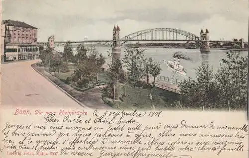[Ansichtskarte] 5300 BONN, Partie an Hotel Rheineck, Rheinbrücke, 1901. 