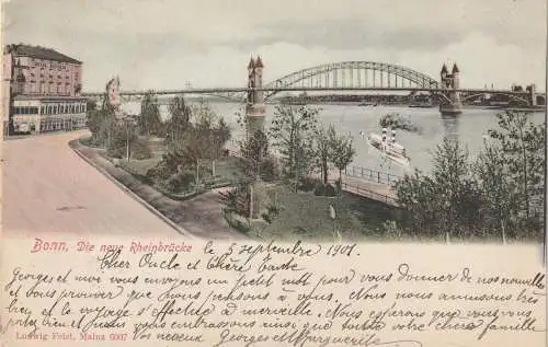 [Ansichtskarte] 5300 BONN, Partie an Hotel Rheineck, Rheinbrücke, coloriert, 1901. 