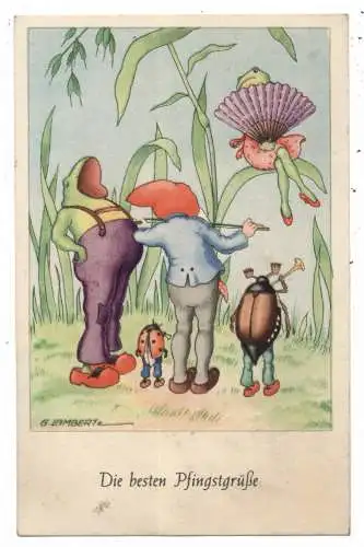 TIERE - FRÖSCHE / Frogs / Kicker / Grenouilles & Zwerg / Maikäfer / Marienkäfer, gemeinsames Ständchen, Künstler-Karte Lambertz