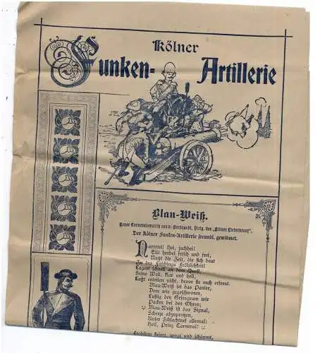 [Ansichtskarte] 5000 KÖLN, KARNEVAL, Kölner Funken - Artillerie "Blau - Weiß", Karnevalsmarsch von Dr. Burkhardt, 1900, 41 x 20 cm. 