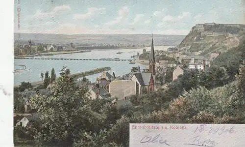 5400 KOBLENZ - EHRENBREITSTEIN, Kirche und Umgebung, 1906, coloriert