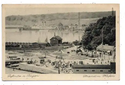 [Ansichtskarte] 0-2355 SASSNITZ / RÜGEN, Strand / Seebrücke und Hafen / Fähren. 
