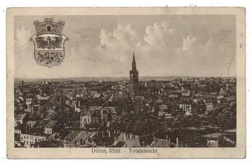 [Ansichtskarte] 5160 DÜREN, Gesamtansicht, Stadtwappen, 1921, Verlag Peters. 