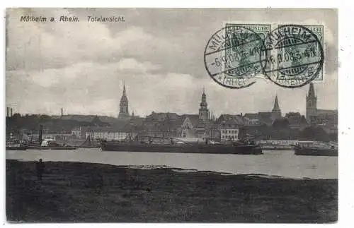 [Ansichtskarte] 5000 KÖLN - MÜLHEIM, Totalansicht von Riehl, Frachtschiffe, 1908. 