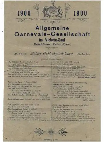 [Ansichtskarte] 5000 KÖLN, KARNEVAL, Allgemeine Carnevals - Gesellschaft im Victoria - Saal, 1900, "Kölner Goldschmiedekunst", 32 x 20,2 cm. 