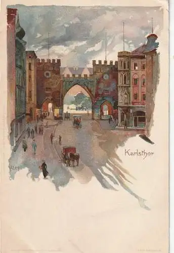 [Ansichtskarte] 8000 MÜNCHEN, Karlsthor, Künstler-Karte Heinrich Kley. 