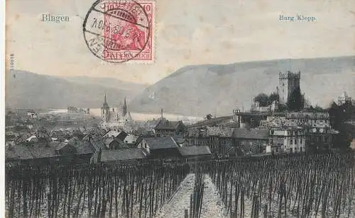 [Ansichtskarte] 6530 BINGEN, Blick aus den Weinbergen auf Burg Klopp, 1908, Verlag Schaar & Dathe. 