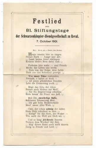 [Ansichtskarte] EESTI / ESTLAND - TALLINN / REVAL, Festlied zum 81. Stiftungstage der Schwarzhäupter Abendgesellschaft 1901, 4seitig. 