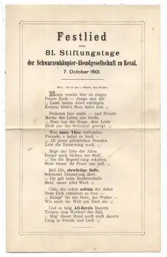[Ansichtskarte] EESTI / ESTLAND - TALLINN / REVAL, Festlied zum 81. Stiftungstage der Schwarzenhäupter Abendgesellschaft 1901, 4seitig. 