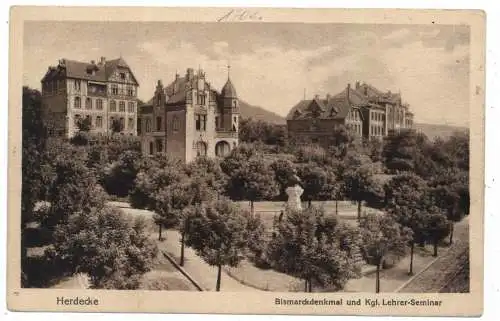 [Ansichtskarte] 5804 HERDECKE / Ruhr, Bismarckdenkmal und Königliches Lehrer - Seminar. 