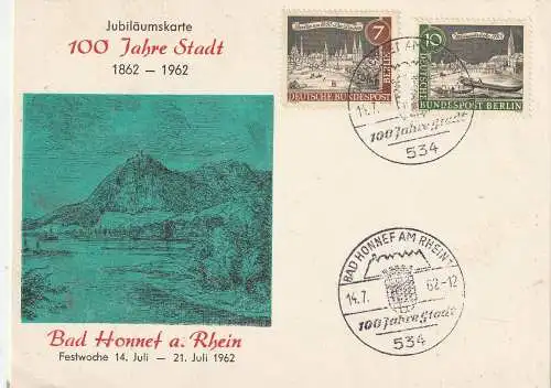 [Ansichtskarte] 5340 BAD HONNEF, "100 JAHRE STADT, Sonderpostkarte - und Stempel, 1962. 