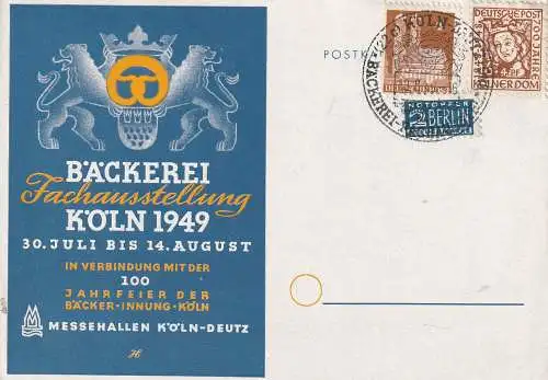 [Ansichtskarte] 5000 KÖLN, EREIGNIS, BÄCKEREI FACHAUSSTELLUNG 1949 mit Sonderstempel. 
