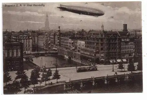 [Ansichtskarte] 2000 HAMBURG, Zeppelin über dem Reesendamm und Alsterarkaden. 