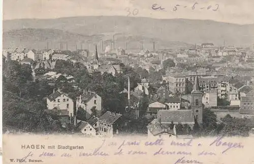 [Ansichtskarte] 5800 HAGEN mit Stadtgarten, Bahnpost Hagen - Dortmund, 1903. 