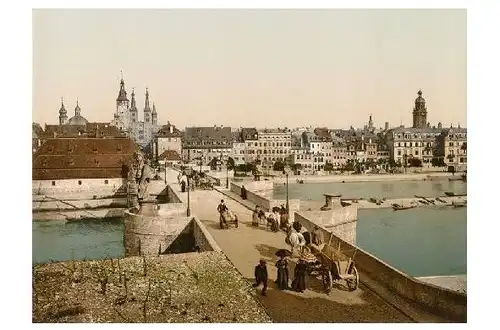 Altes Photochrome-Farbfoto Alte Mainbrücke in Würzburg (Neudruck als Postkarte)