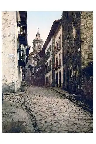 Altes Photochrome-Farbfoto Calle Mayor in Fuenterrabía (Neudruck als Postkarte)