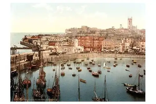 Altes Photochrome-Farbfoto Ansicht von Margate über den Hafen hinweg (Neudruck als Postkarte)