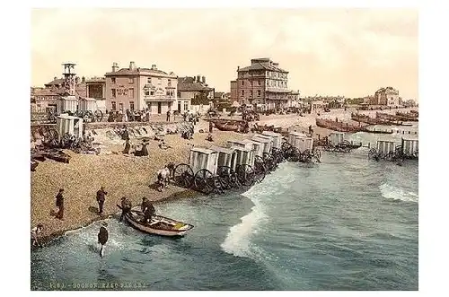 Altes Photochrome-Farbfoto Strand mit Badewagen in Bognor Regis (Neudruck als Postkarte)