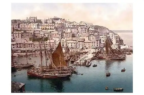 Altes Photochrome-Farbfoto Blick über den Hafen auf Brixham (Neudruck als Postkarte)