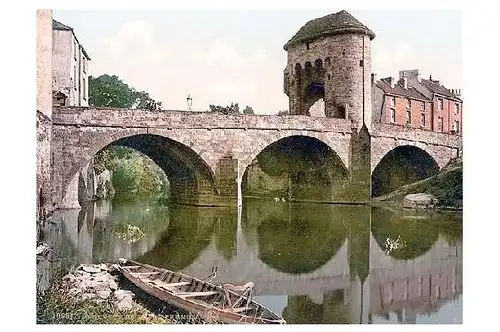 Altes Photochrome-Farbfoto Brücke über den Monnow in Monmouth (Neudruck als Postkarte)