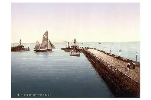 Altes Photochrome-Farbfoto Ende der Seebrücke in Lowestoft (Neudruck als Postkarte)