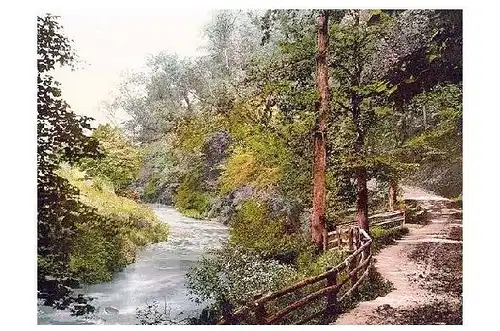 Altes Photochrome-Farbfoto Fußweg am Trothy bei Monmouth (Neudruck als Postkarte)