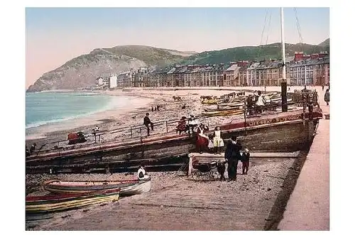 Altes Photochrome-Farbfoto Strand von Aberystwith (Neudruck als Postkarte)
