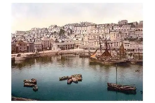 Altes Photochrome-Farbfoto Ansicht von Brixham über den Hafen hinweg (Neudruck als Postkarte)