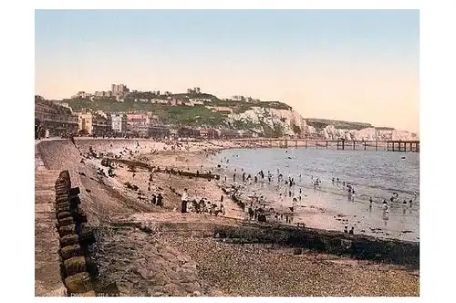 Altes Photochrome-Farbfoto Strand von Dover (Neudruck als Postkarte)