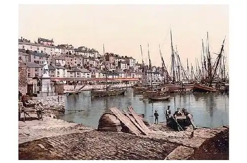 Altes Photochrome-Farbfoto Segelschiffe im Hafen von Brixham (Neudruck als Postkarte)