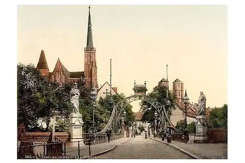 Altes Photochrome-Farbfoto Dombrücke und Kreuzkirche in Breslau (Neudruck als Postkarte)