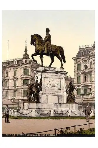 Altes Photochrome-Farbfoto Kaiser Wilhelm I-Denkmal in Stettin (Neudruck als Postkarte)