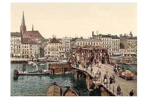 Altes Photochrome-Farbfoto Lange Brücke in Stettin (Neudruck als Postkarte)