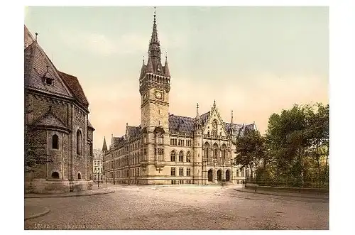 Altes Photochrome-Farbfoto Neues Rathaus in Braunschweig (Neudruck als Postkarte)