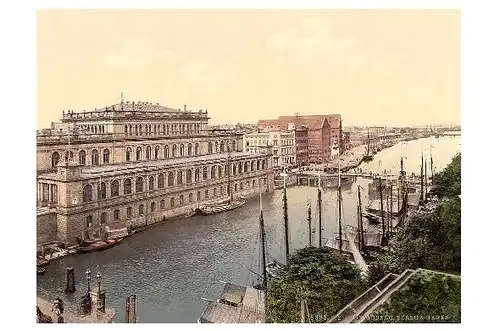 Altes Photochrome-Farbfoto Börse und Hafen in Königsberg (Neudruck als Postkarte)