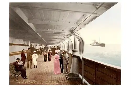 Altes Photochrome-Farbfoto Norddeutscher Lloyd Bremen - Deckpromenade auf Reichspostdampfer Kaiserin Maria Theresia (Neudruck als Postkarte)