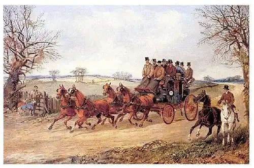 Altes Gemälde Alken - Vierspännige Kutsche auf herbstlicher Straße (Neudruck als Postkarte)