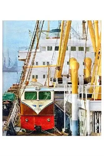 Farbfoto Französische Alsthomlok für Burma verladen auf einem Schiff (Neudruck als Postkarte)