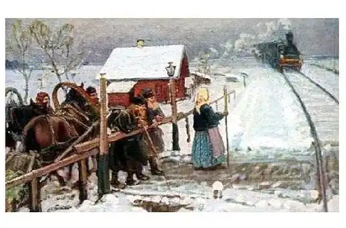 Künstlerkarte Boskin - Bauern stehen an einem Bahnübergang in Rußland (Neudruck als Postkarte)