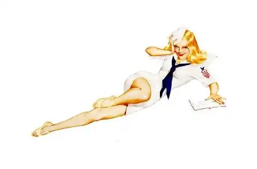 Alte Künstlerkarte Pin-Up Alberto Vargas - Liegende Blondine in Matrosenuniform (Neudruck als Postkarte)