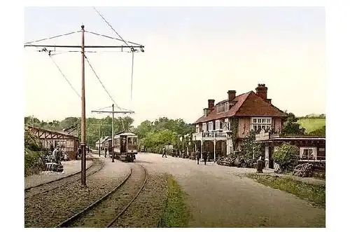 Altes Photochrome-Farbfoto Groudle Glen Hotel und Straßenbahnhaltestelle auf der Insel Man (Neudruck als Postkarte)
