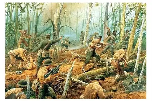 Künstlerkarte 1. WK Amerikaner im Wald von Belleau bei Gefecht mit Deutschen (Neudruck als Postkarte)