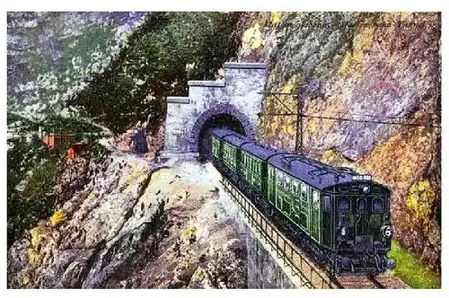 Alte Künstlerkarte E-Lok mit Personenzug kommt aus Tunnel in den Alpen (Neudruck als Postkarte)
